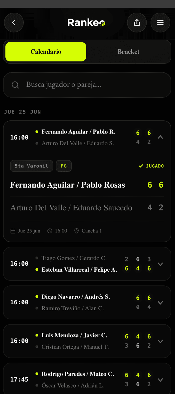 Calendario de partidos en Rankeo